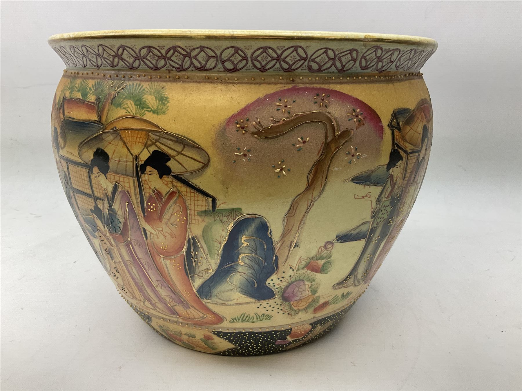 Chinese fish bowl of satsuma style, the exterior decorated with traditional figures, flowers and trees, the interior painted with koi carp, H24cm