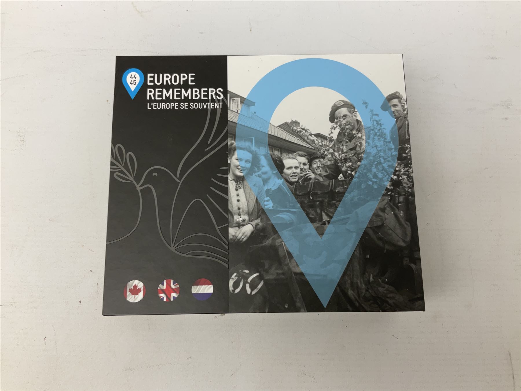 Royal Dutch Mint 'Europe Remembers' silver three coin set, comprised of Royal Canadian Mint 2020 one dollar '75th Anniversary of V-E Day', The Royal Mint 2020 one pound '75th Anniversary of VE Day' and Royal Dutch Mint 2020 five euros '75 Years of Freedom', cased with certificate