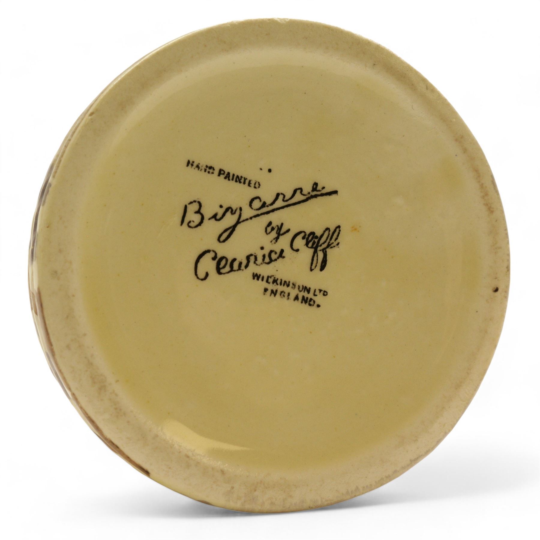 Clarice Cliff Bizarre for Wilkinson Ltd, small beehive honey pot with cover, in Rhodanthe pattern, with printed mark beneath, H7cm