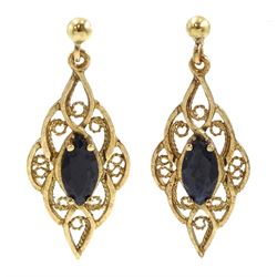 Pair of 9ct gold sapphire pendant stud earrings, hallmarked