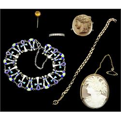 16ct gold link bracelet, cameo lava in gold mount, silver enamel bracelet, white gold synthetic spinel eternity ring, stamped 9ct, stick pin, gilt cameo brooch and bead necklaces