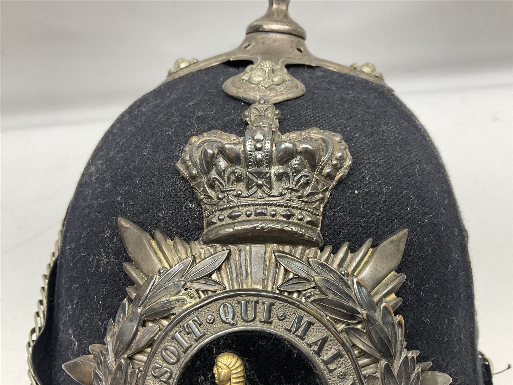 Victorian British Army South Lancashire Regiment 1st Volunteer Battalion other ranks blue cloth home service helmet with helmet plate, spike and chinstrap