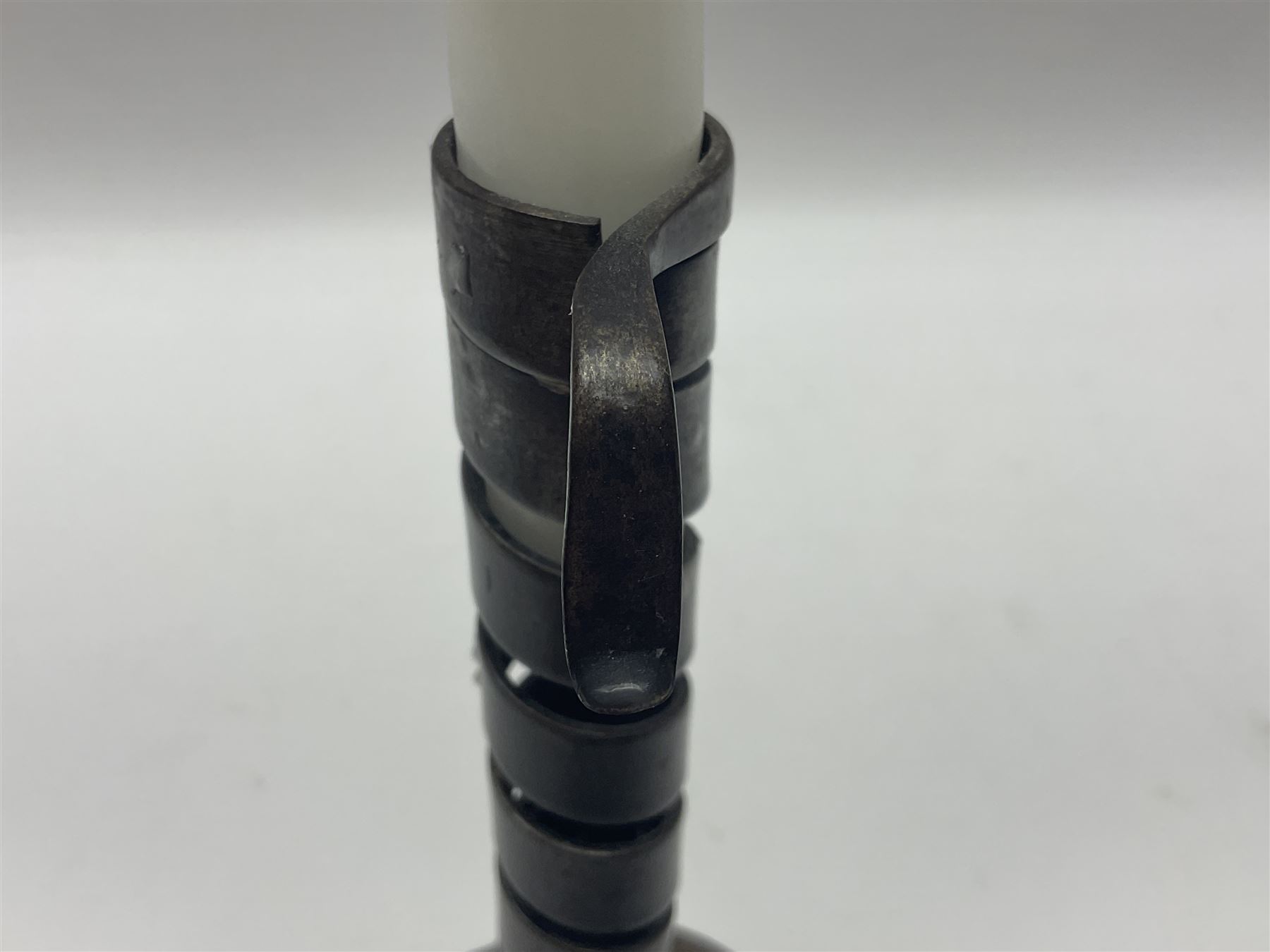 18th century spiral rat de cave candlestick on domed wooden base, H20cm