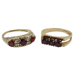 Gold three stone garnet ring and a gold garnet and cubic zirconia ring, both hallmarked 9ct