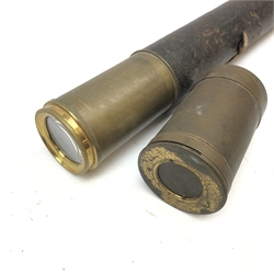  19th century brass leather cased single drawer telescope, L91cm (extended)   