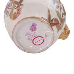 Five Royal Worcester Blush Ivory jugs, comprising one shape 1085 example with bamboo handle, one shape 1376 example with floral decoration and gilt handle and three shape 1094 examples, each decorated with floral sprigs, with printed marks beneath, tallest H14cm