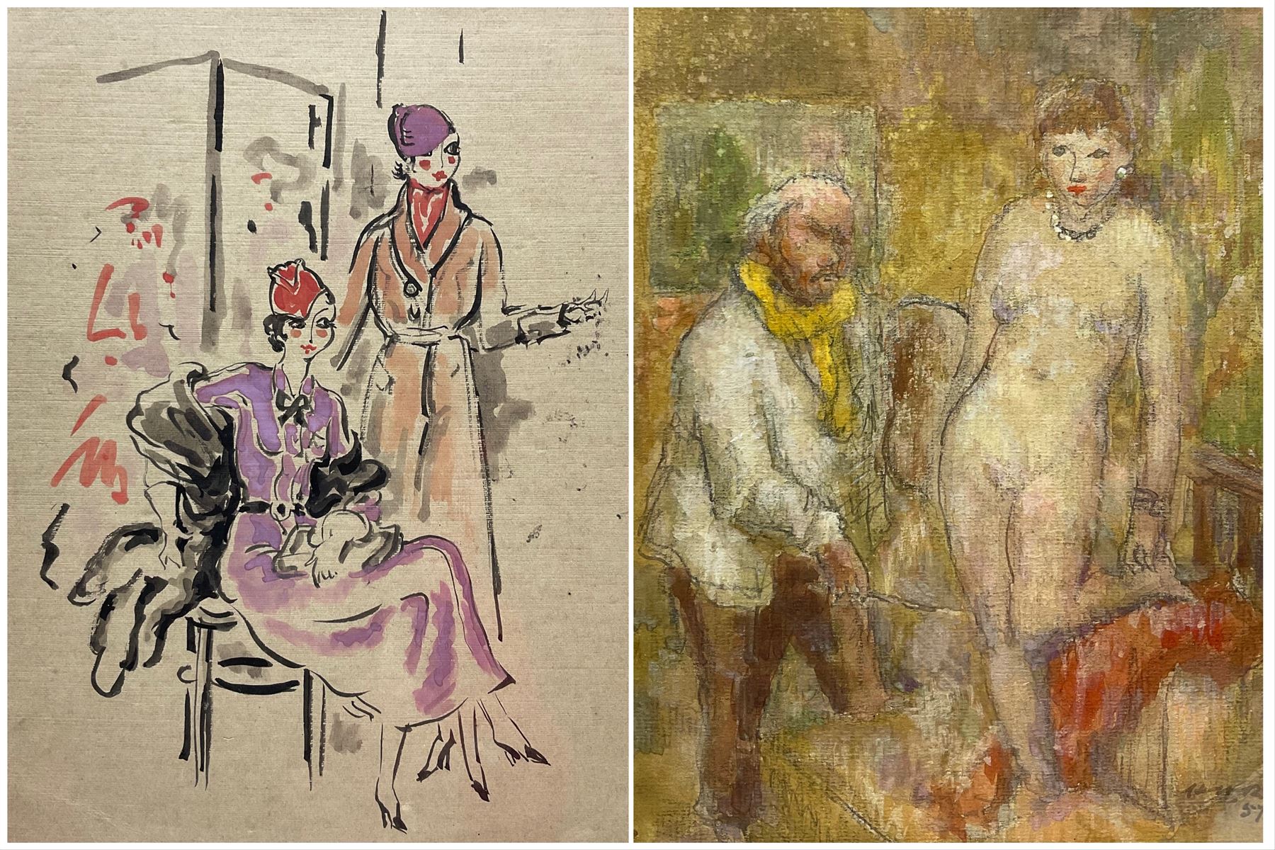 Harold Hope Read (British 1881-1959): 'Artist with Nude' and 'Two Ladies', pastel and watercolour (respectively), signed, labelled verso max 20cm x 16cm (2) (unframed)