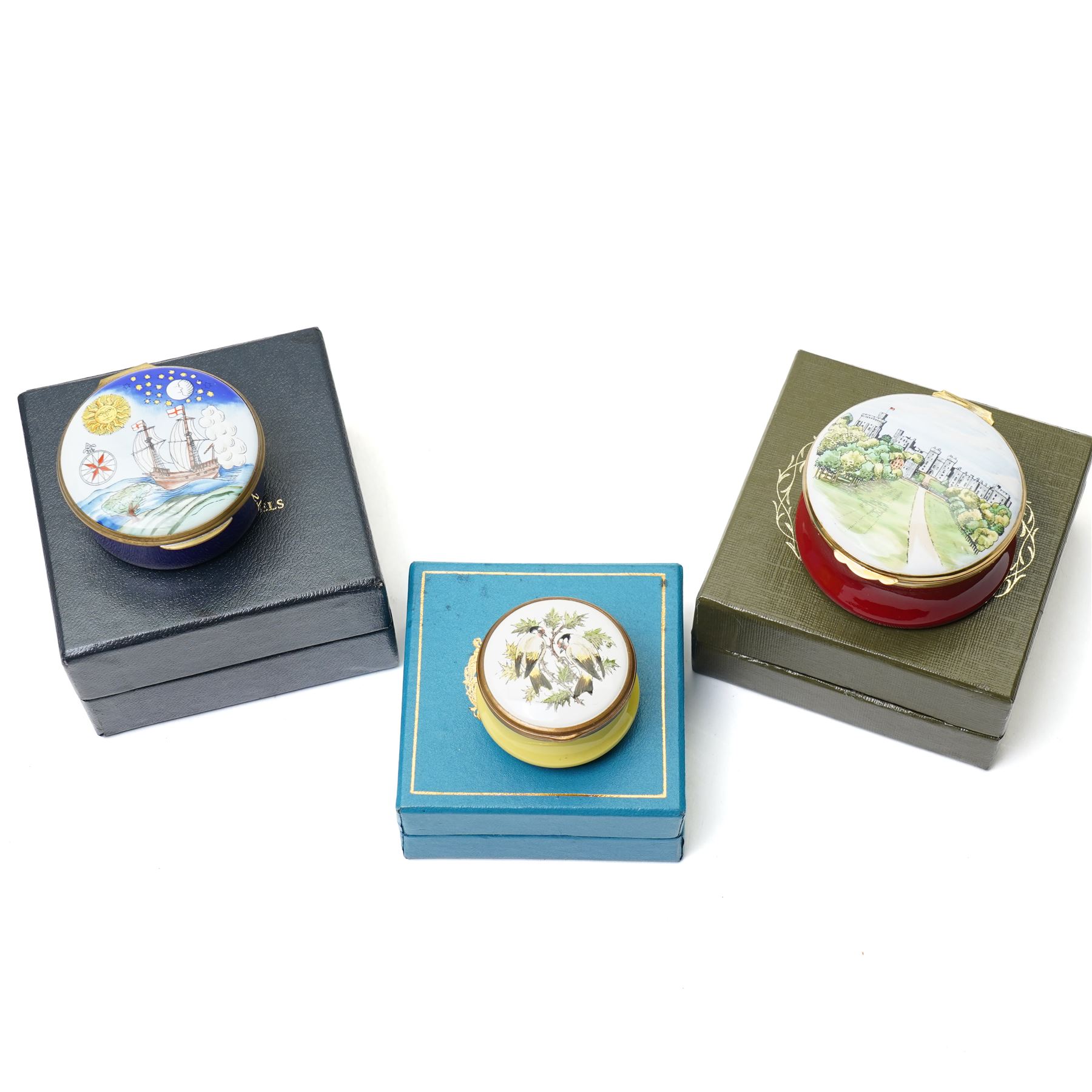 Five Crummles & Co Beatrix Potter enamel boxes, Thomas Goode Royal House of Windsor limited edition enamel box 83/500, boxed, Halcyon enamel box in the shape of a duck and five other enamel boxes (12)