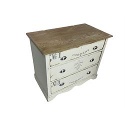 French painted chest, stripped top with white painted front, fitted with three drawers, inscribed in French with floral decoration