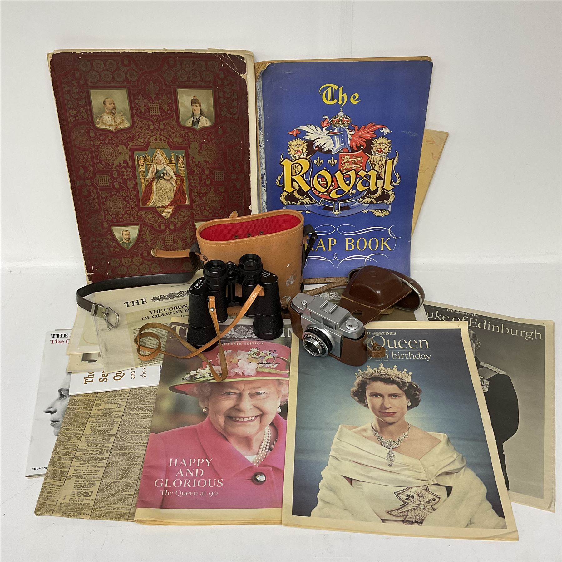 Pair of Zenith 8x40 Field binoculars together with Agfa camera with Silette lens, both in cases, and quantity of commemorative newspaper ephemera to include The Illustrated London News Record of the Glorious Reign of Queen Victoria