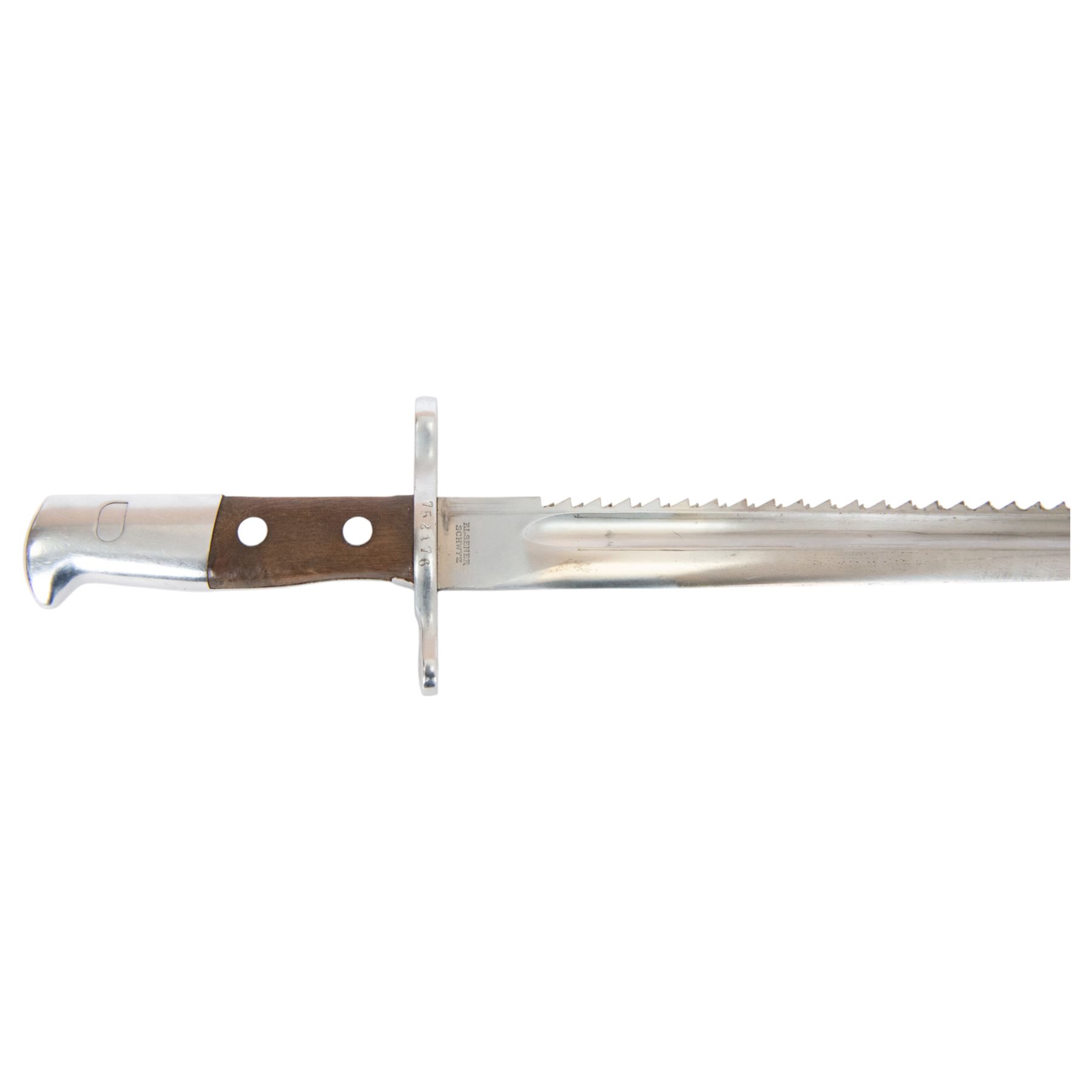 Swiss Pioneer bayonet, with 48cm saw back blade marked to the riccaso Waffenfabrik Neuhausen, steel crossguard marked 752176, with metal scabbard, overall L64cm