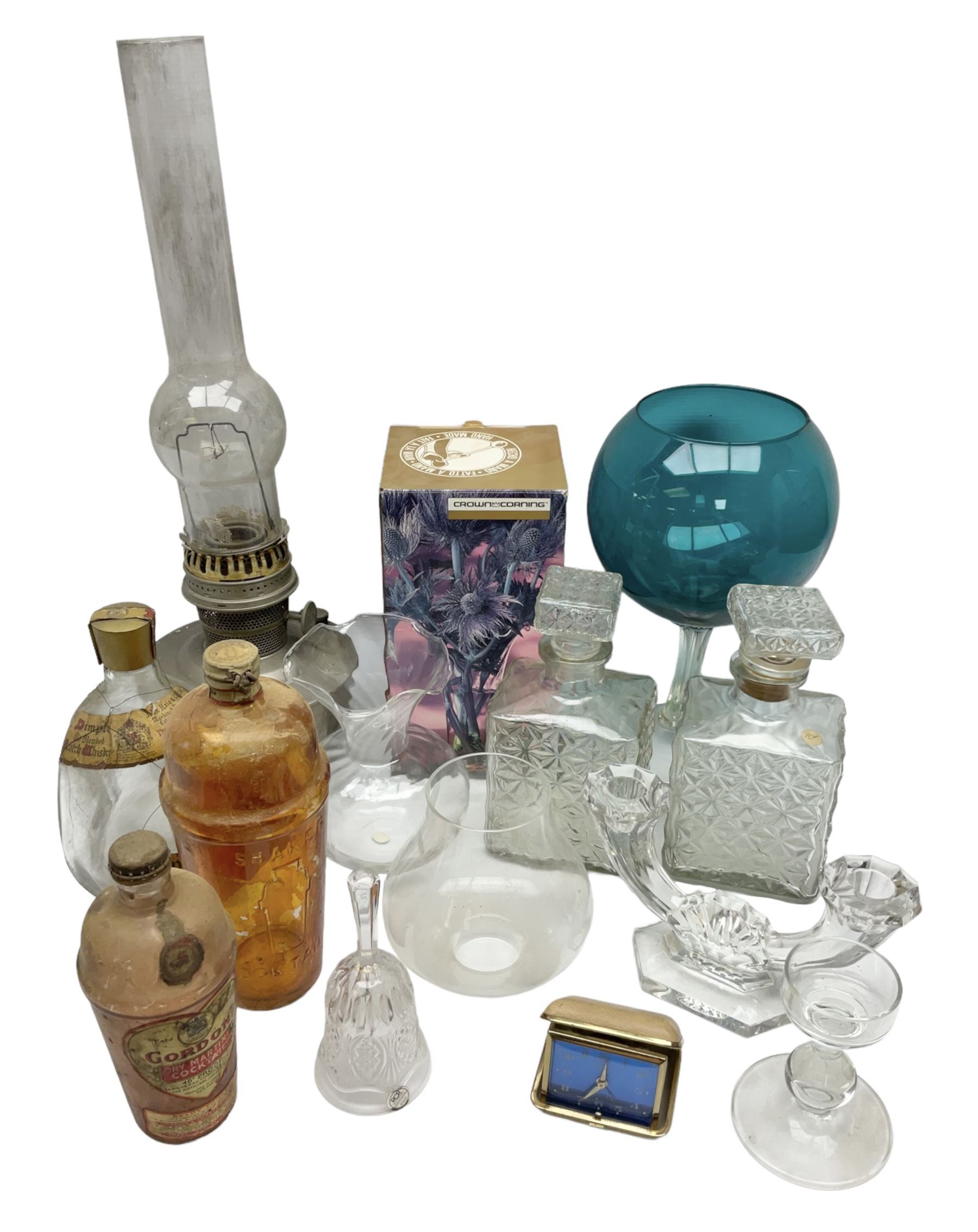 Val St. Lambert cut glass twin branch candelabra, signed beneath, together with quantity of other glassware to include decanters, etc