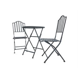Gothic design folding garden table, circular strap top on X-frame base (W60cm H74cm); and pair matching folding chairs with arched back, in slate grey finish (W37cm H95cm)
