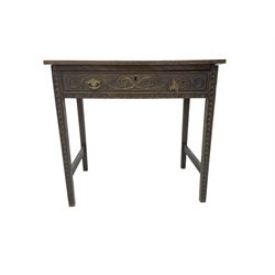 Early 19th century oak low-boy with later carving, the rectangular top carved with scrolls and stylised plant motifs, fitted with single drawer, on square supports with chip carved decoration