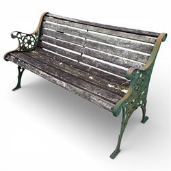 Green cast iron ended wood slat bench