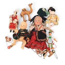 Vintage dolls including Japanese Ichimatsu doll, ragdoll with papier mache head, etc