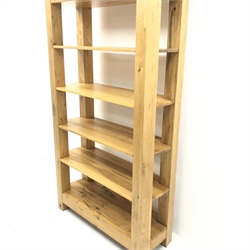 Solid light oak 6’ open bookcase, curved sides, W100cm, D41cm, H196cm