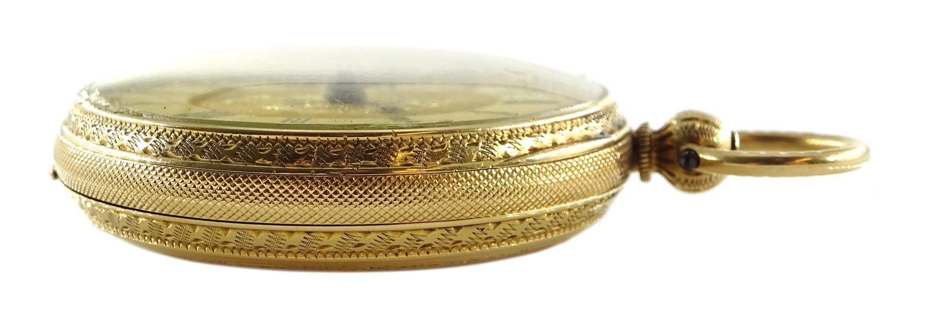 Victorian 18ct gold open face ladies key wound pocket watch by James Scott & Son, Kendal, No. 59876,  gilt dial with Roman numerals, Thomas R Russell & Co, Chester 1872