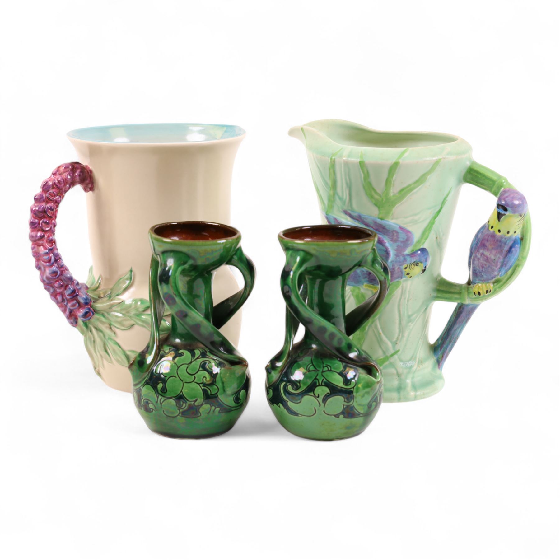 Clarice Cliff My Garden pattern jug, Burleigh Ware budgie jug and a pair of Baron of Barnstaple vases, tallest H19cm
