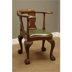  20th century mahogany corner armchair, top rail carved with scrolled gadroon, sea serpent arms, solid shaped splats, drop in seat, acanthus carved cabriole legs with ball and claw feet, W89cm  
