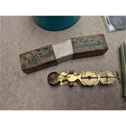The Birmingham Mint International Formula 3 silver ingot, hallmarked, pair of sovereign scales, two silver fobs and others, etc and a collection of Great British coins