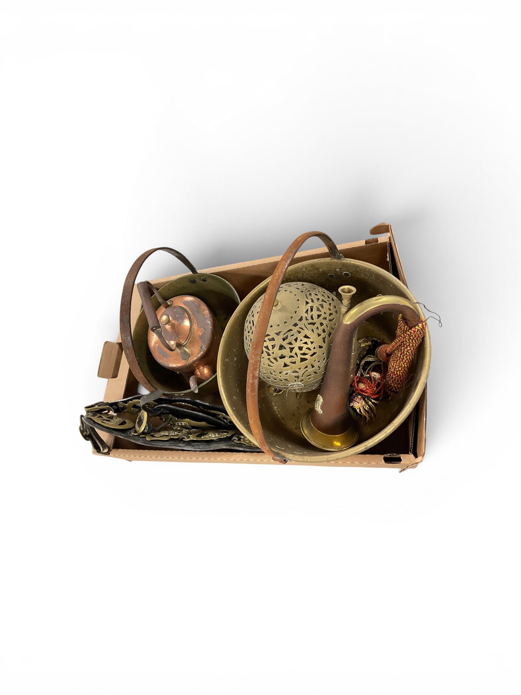 Two brass jam pans, together with bugle, horse brass etc 