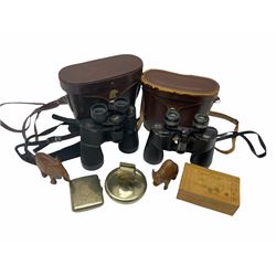 Pair of Vickers Adlerbick 10x50 binoculars and Swift Saratoga 8x40 binoculars, both with brown leather cases, silver plate cigarette case with gilt interior, wooden box and elephants etc