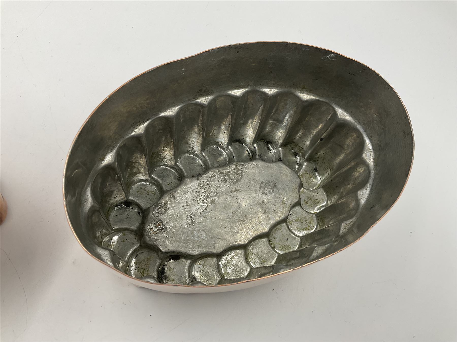 Five Victorian copper jelly mould, largest H10cm, L16cm