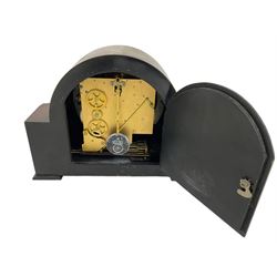 Smiths - 20th century Westminster chiming 8-day mantle clock in a mahogany case, with a chrome bezel and convex glass, conforming hands and numeral's, chime silent selection, chiming the quarters and hours on five gong rods. With pendulum and key.  