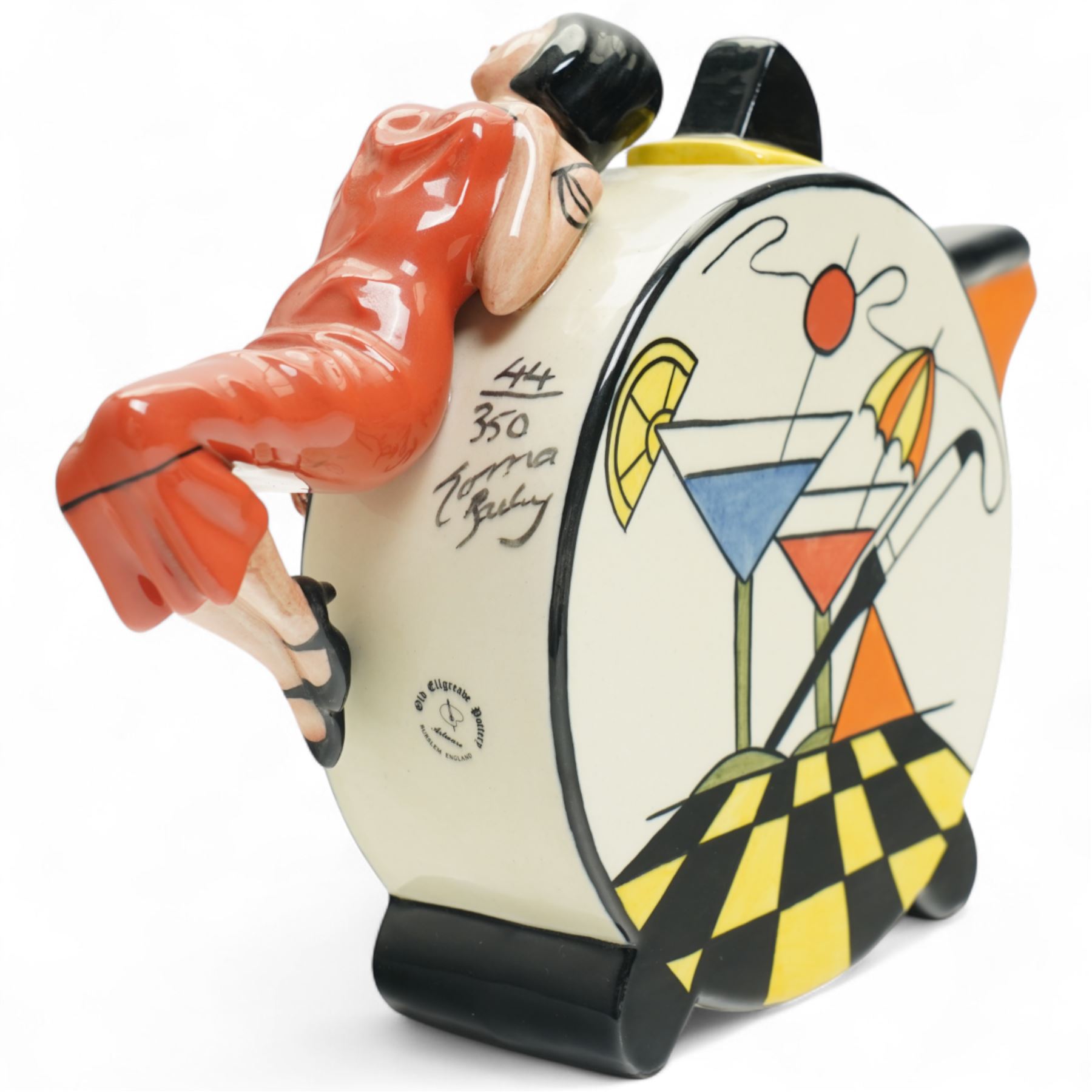 Lorna Bailey limited edition Cocktails teapot, the handle formed as a reclining lady in high relief, marked and signed, numbered 44/350, H19cm