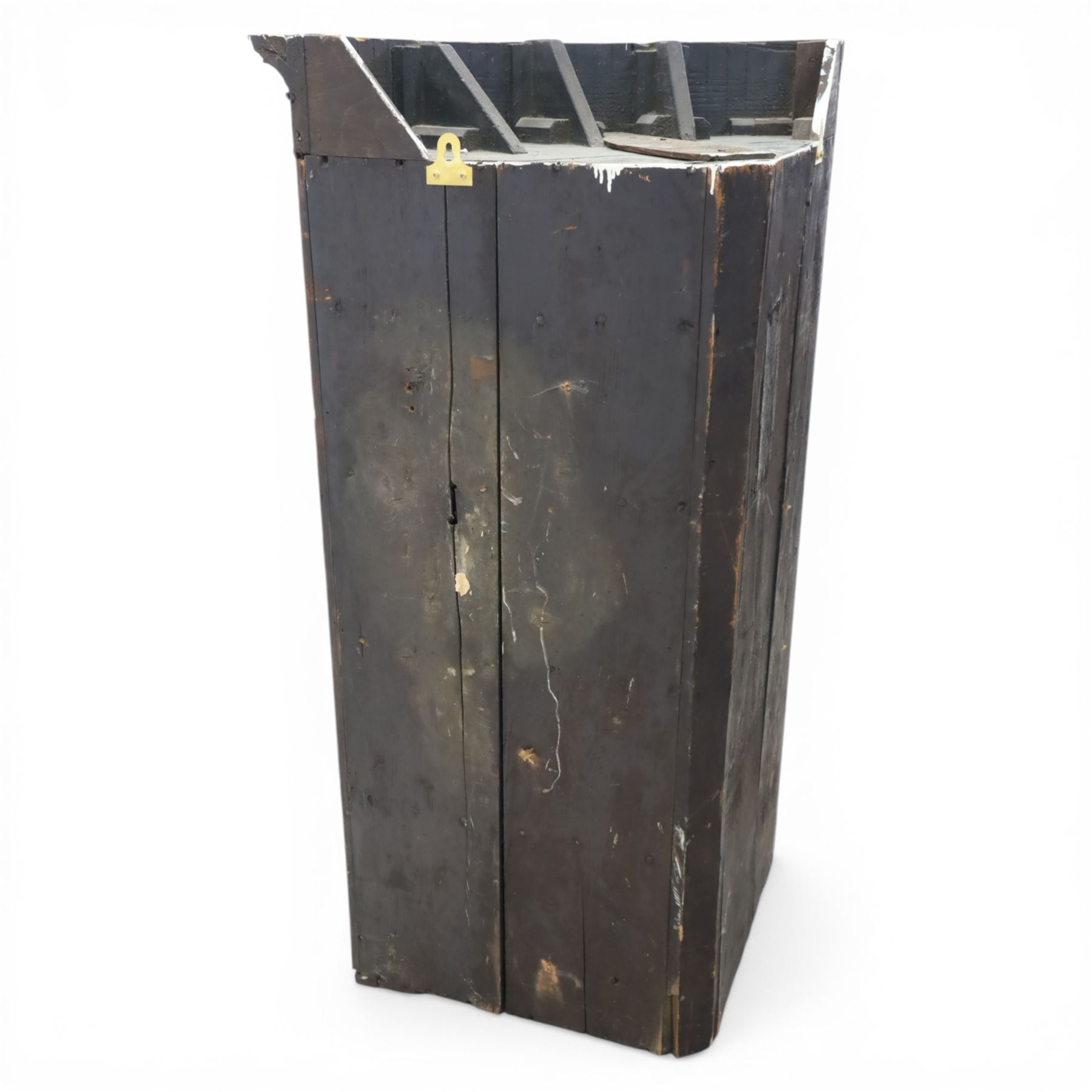 George III mahogany bow-front corner cupboard, projecting moulded cornice over satinwood inlaid frieze with geometric crossbanding, enclosed by twin shaped panel doors with line inlay and ornate brass escutcheon plates, painted interior fitted with shaped shelves, on moulded plinth base
