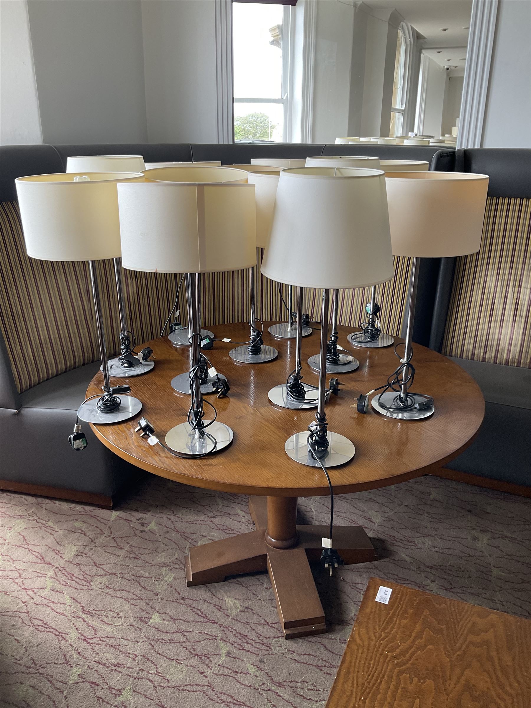 Set of twelve chrome table lamps with various shades (12)- LOT SUBJECT TO VAT ON THE HAMMER PRICE - To be collected by appointment from The Ambassador Hotel, 36-38 Esplanade, Scarborough YO11 2AY. ALL GOODS MUST BE REMOVED BY WEDNESDAY 15TH JUNE.