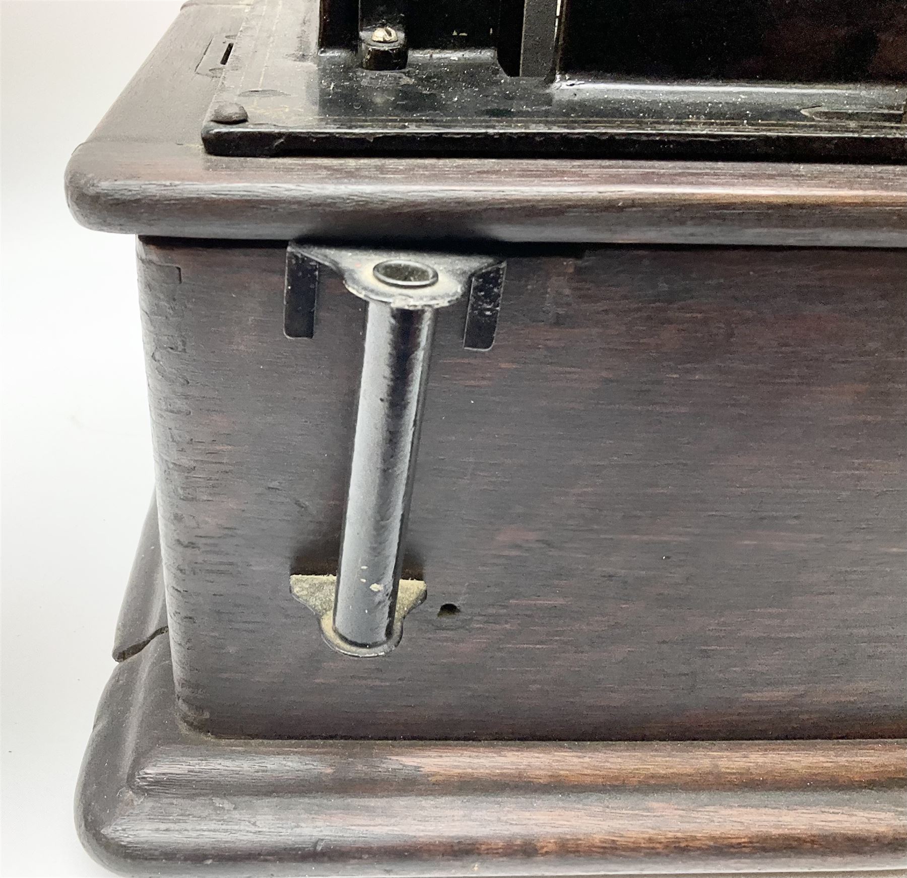 Edison Standard Phonograph with oak base (no cover), the reproducer marked 'Model C', serial no. 634857, last patent date Oct.1905, with black japanned conical horn L33cm; together with five cylinders