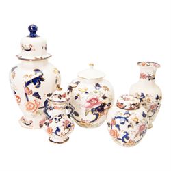 Collection of Mason ‘Mandalay’ pattern ceramics, to include vase and cover, two clocks, candle sticks, wall vases, ginger jar etc 