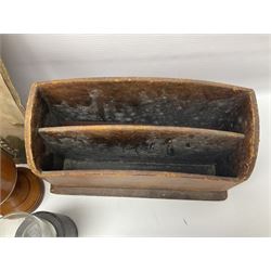 Pair of turned wooden goblets, six hardstone eggs, vintage slide rule and a leather letter rack, etc