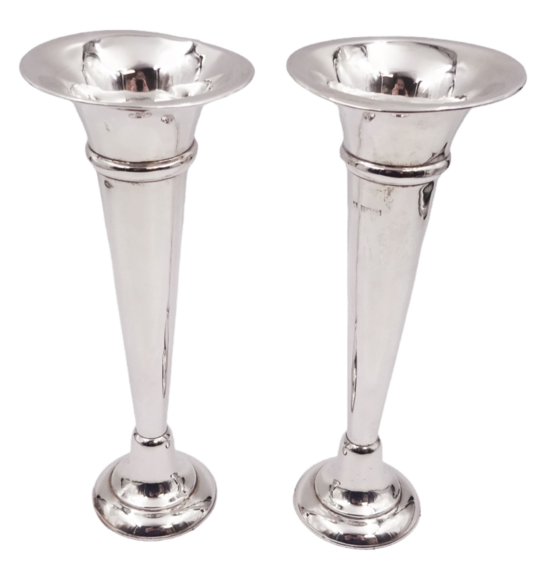 Pair of modern silver trumpet vases, each with fluted rim, upon tapering stem and slightly domed weighted circular foot, hallmarked Charles S Green & Co Ltd, Birmingham 1971, H20cm