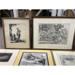 Collection of 19th/20th Century pencil drawings, mixed medias, etchings and prints, to include After Valentin Lefebre (Flemish 1637–1677): 'Landscape with Flute Playing Shepherd' and After Claude Gillot (French 1673-1722): 'Repas Distingue', variously signed titled and framed max 31cm x 43cm (9)