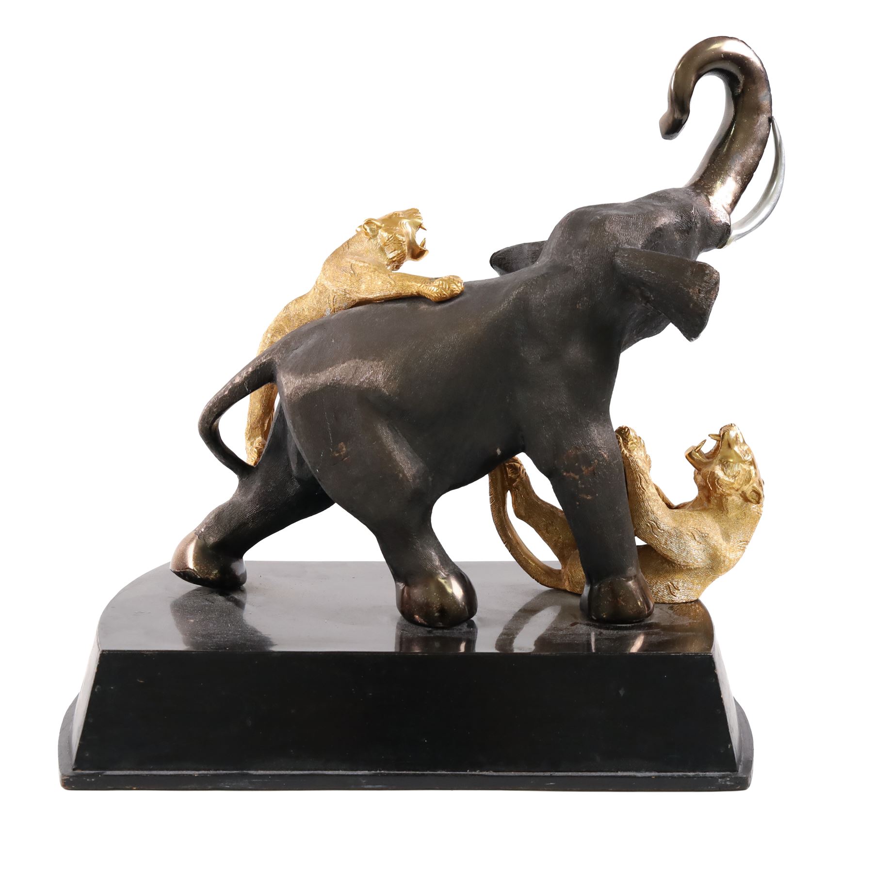 After Genryusai Seiya, modern bronzed model of an elephant being hunted by tigers, upon a black painted wooden base, height including base H45cm