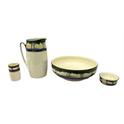 1930's Art Deco Royal Doulton ceramics decorated with stylised trees, comprising washbowl and jug, soap dish and vase