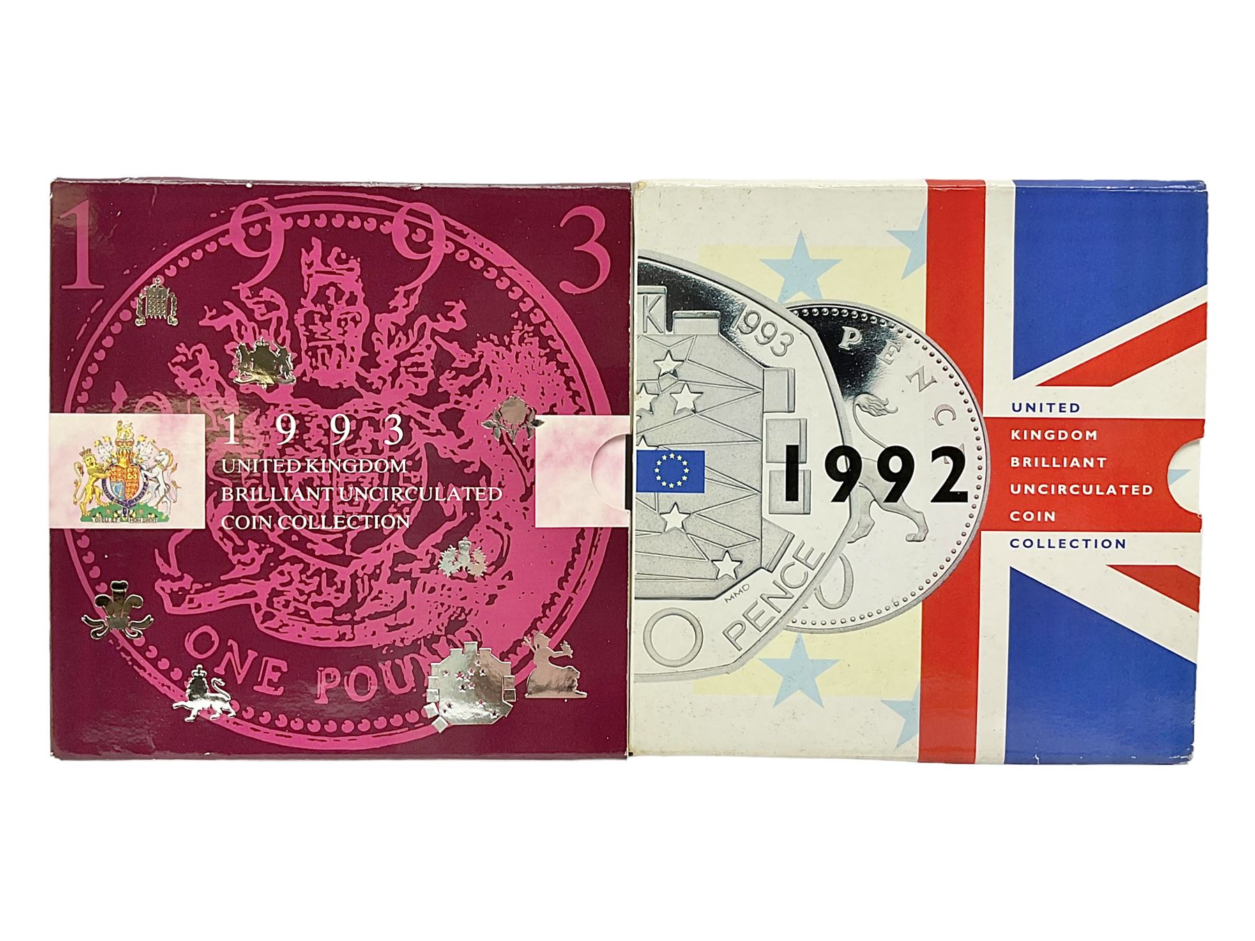 The Royal Mint United Kingdom 1992 and 1993 brilliant uncirculated coin collections, both including dual dated 1992/1993 EEC fifty pence coin, in card folders