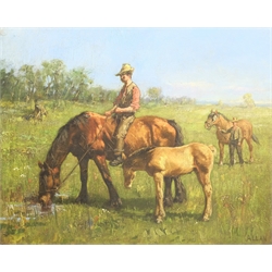 Allan (British 20th century): Horses and Riders Grazing in the Field, oil on canvas signed 52cm x 65cm