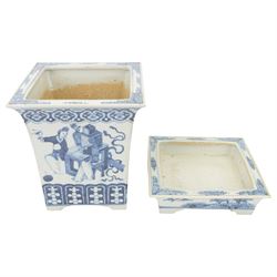19th century Chinese blue and white planter and stand, each of square slightly tapering and flared form, the planter decorated with figures and precious objects between stylised foliate borders, the stand decorated with landscapes beneath a lipped rim with cell band, planter H28cm D25.5cm, stand H7cm D26cm
