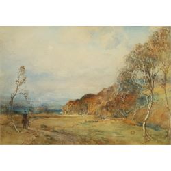 James Douglas (Scottish 1858-1911): Landscape with Sheep and Rider on Horseback, watercolour signed and dated '92, 24cm x 34cm