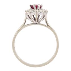 18ct white gold pear cut ruby and round brilliant cut diamond cluster ring