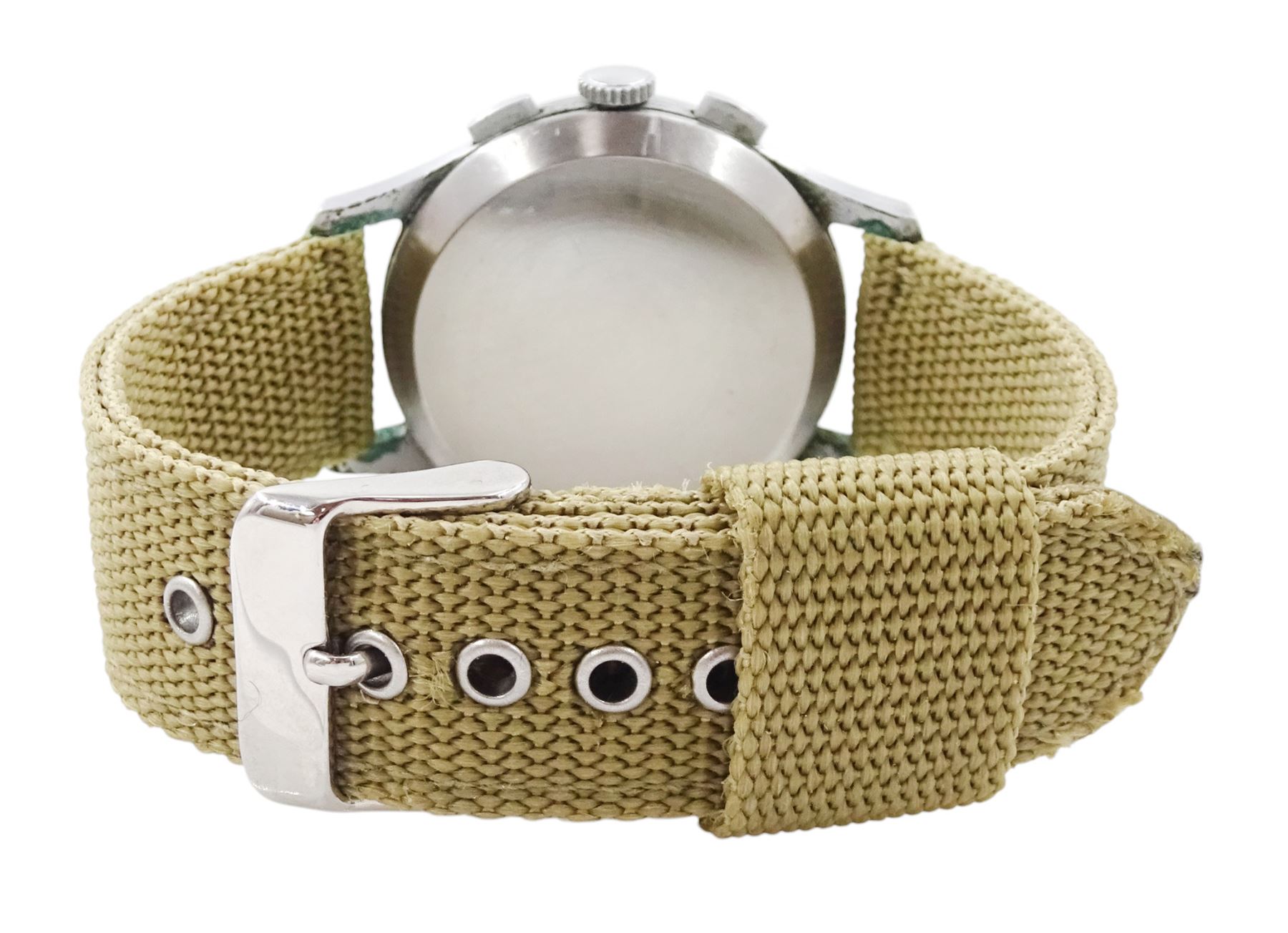 Sekonda Strela gentleman's stainless steel and chrome plated manual wind chronograph wristwatch, Cal. 3017, black dial with baton hour markers, subsidiary dials at 3 and 9 for seconds and 45 minute recording, tachymeter and telemeter scales, on fabric strap