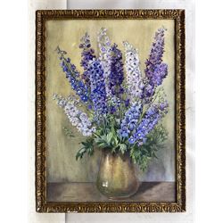 Florence Raingill Walker (British fl.1934-1937): Purple Delphiniums, watercolour signed 77cm x 54cm 