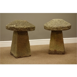  Pair composite stone staddle stones, circular domed tops on square tapered columns, D47cm, H60cm  