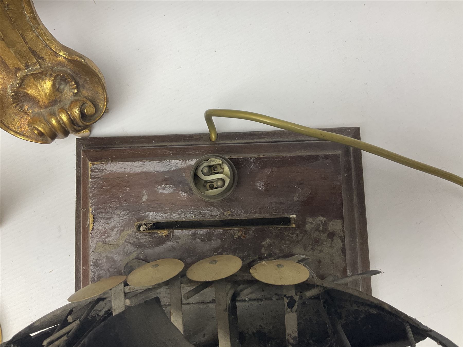Five various giltwood and other hall brackets, one with marble top; and Viking ship table lamp