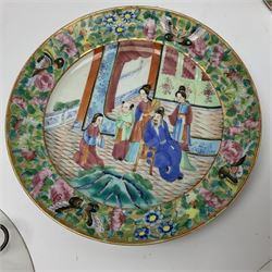 Two Chinese Famille Rose teapots, decorated in polychrome enamels with panels of birds amongst peonies and figural scenes, together with a collection of similar Chinese Famille Rose ceramics