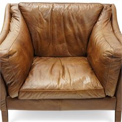 Barker & Stonehouse - 'Dillon' armchair upholstered in brown leather, with stitched back and side cushions, raised on square supports wrapped in leather